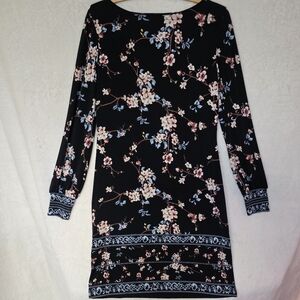 White House Black Market Elegant Black  Floral Long Sleeve Ruching Midi Dress SM